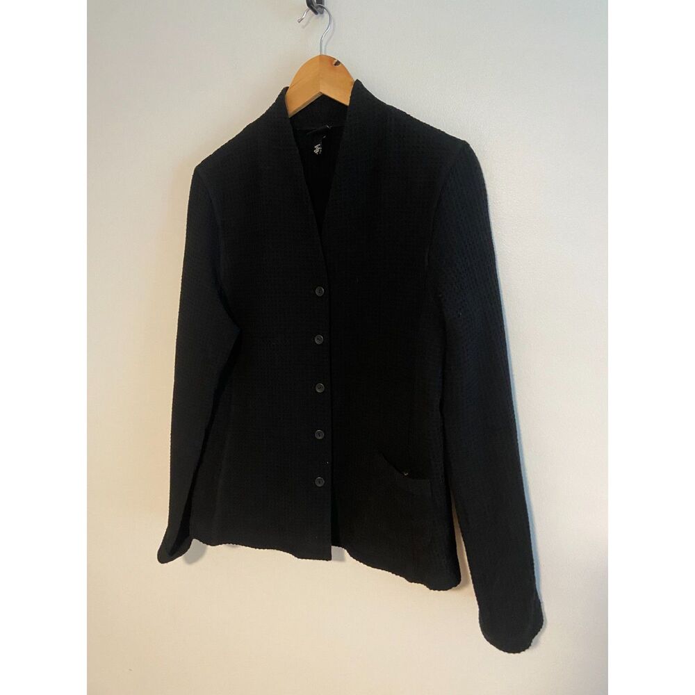 Eileen Fisher Size Large Waffle Knit Black Blazer Cardigan J0758M